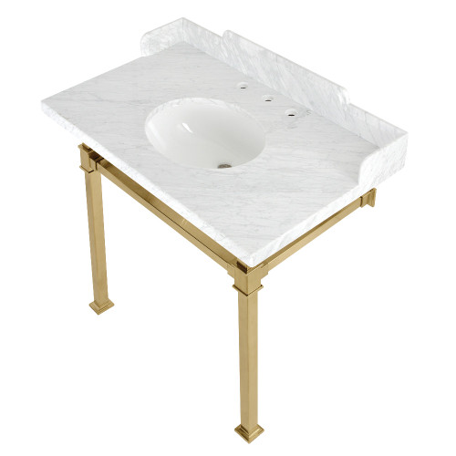 Kingston Brass LMS36MOQ7 Viceroy 36" Carrara Marble Console Sink with Stainless Steel Legs, Marble White/Brushed Brass