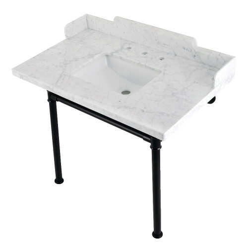 Kingston Brass LMS3622M8SQ0ST Wesselman 36" Carrara Marble Console Sink with Stainless Steel Legs, Marble White/Matte Black