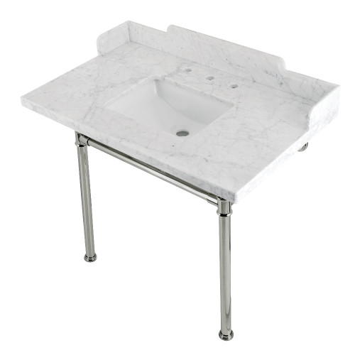 Kingston Brass LMS3622M8SQ6ST Wesselman 36" Carrara Marble Console Sink with Stainless Steel Legs, Marble White/Polished Nickel