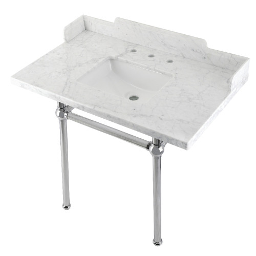 Kingston Brass LMS36MBSQ1 Pemberton 36" Carrara Marble Console Sink with Brass Legs, Marble White/Polished Chrome