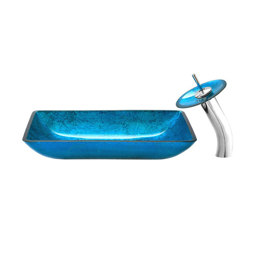 Swiss Madison SM-VSF296 Cascade Rectangular Glass Vessel Sink with Faucet, Ocean Blue - 22 3/16 x 14 inches