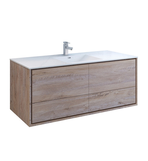 Fresca FCB9260RNW-S-I Catania 60" Rustic Natural Wood Wall Hung Modern Bathroom Cabinet w/ Integrated Single Sink