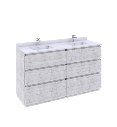 Fresca FCB31-3030RWH-FC-CWH-U Formosa 60" Floor Standing Double Sink Modern Bathroom Cabinet w/ Top & Sinks in Rustic White