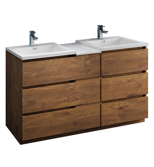 Fresca FCB93-241224RW-D-I Lazzaro 60" Rosewood Free Standing Double Sink Modern Bathroom Cabinet w/ Integrated Sinks