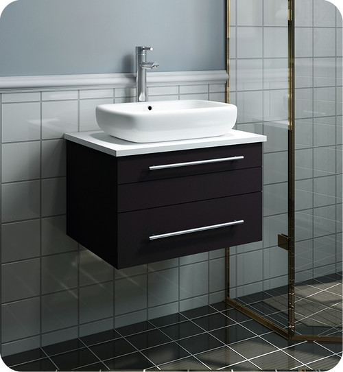 Fresca FCB6124ES-VSL-CWH-V Lucera 24" Espresso Wall Hung Modern Bathroom Cabinet w/ Top & Vessel Sink