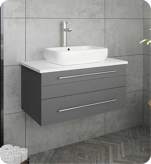 Fresca FCB6130GR-VSL-CWH-V Lucera 30" Gray Wall Hung Modern Bathroom Cabinet w/ Top & Vessel Sink Fresca FCB6130GR-VSL-CWH-V Lucera 30" Gray Wall Hung Modern Bathroom Cabinet w/ Top & Vessel Sink