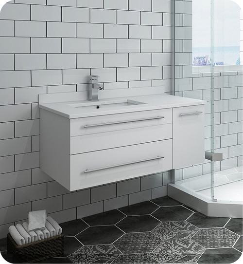 Fresca FCB6136WH-UNS-L-CWH-U Lucera 36" White Wall Hung Modern Bathroom Cabinet w/ Top & Undermount Sink - Left Version