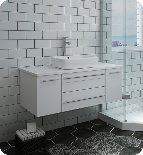 Fresca FCB6142WH-VSL-CWH-V Lucera 42" White Wall Hung Modern Bathroom Cabinet w/ Top & Vessel Sink Fresca FCB6142WH-VSL-CWH-V Lucera 42" White Wall Hung Modern Bathroom Cabinet w/ Top & Vessel Sink