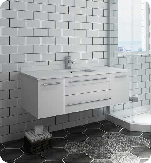 Fresca FCB6148WH-UNS-CWH-U Lucera 48" White Wall Hung Modern Bathroom Cabinet w/ Top & Undermount Sink Fresca FCB6148WH-UNS-CWH-U Lucera 48" White Wall Hung Modern Bathroom Cabinet w/ Top & Undermount Sink