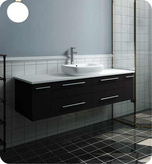 Fresca FCB6160ES-VSL-CWH-V Lucera 60" Espresso Wall Hung Modern Bathroom Cabinet w/ Top & Single Vessel Sink