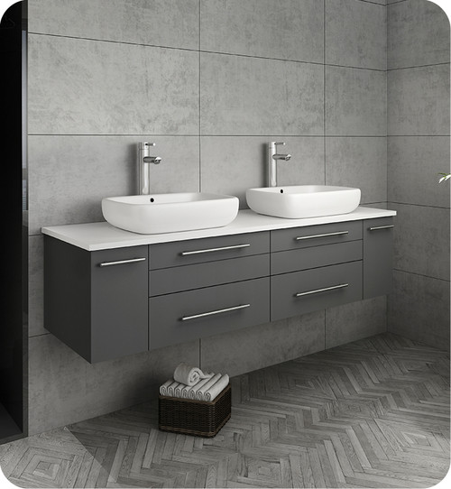 Fresca FCB6160GR-VSL-D-CWH-V Lucera 60" Gray Wall Hung Modern Bathroom Cabinet w/ Top & Double Vessel Sinks Fresca FCB6160GR-VSL-D-CWH-V Lucera 60" Gray Wall Hung Modern Bathroom Cabinet w/ Top & Double Vessel Sinks