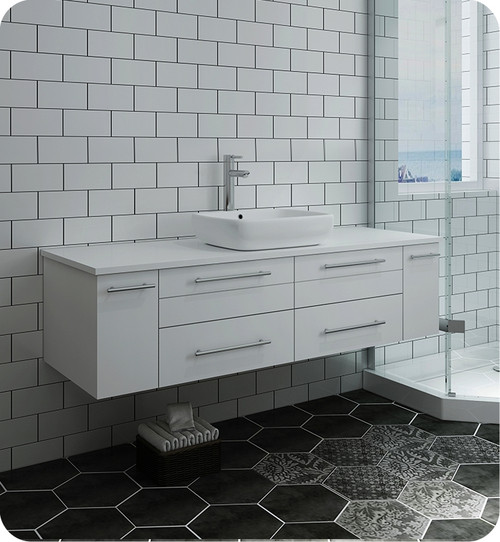 Fresca FCB6160WH-VSL-CWH-V Lucera 60" White Wall Hung Modern Bathroom Cabinet w/ Top & Single Vessel Sink Fresca FCB6160WH-VSL-CWH-V Lucera 60" White Wall Hung Modern Bathroom Cabinet w/ Top & Single Vessel Sink