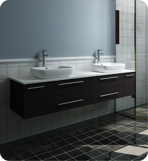 Fresca FCB6172ES-VSL-D-CWH-V Lucera 72" Espresso Wall Hung Modern Bathroom Cabinet w/ Top & Double Vessel Sinks