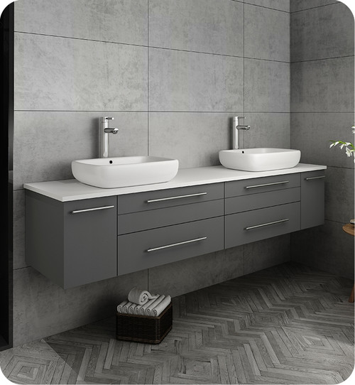 Fresca FCB6172GR-VSL-D-CWH-V Lucera 72" Gray Wall Hung Modern Bathroom Cabinet w/ Top & Double Vessel Sinks Fresca FCB6172GR-VSL-D-CWH-V Lucera 72" Gray Wall Hung Modern Bathroom Cabinet w/ Top & Double Vessel Sinks