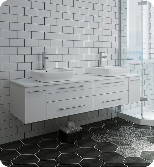 Fresca FCB6172WH-VSL-D-CWH-V Lucera 72" White Wall Hung Modern Bathroom Cabinet w/ Top & Double Vessel Sinks Fresca FCB6172WH-VSL-D-CWH-V Lucera 72" White Wall Hung Modern Bathroom Cabinet w/ Top & Double Vessel Sinks