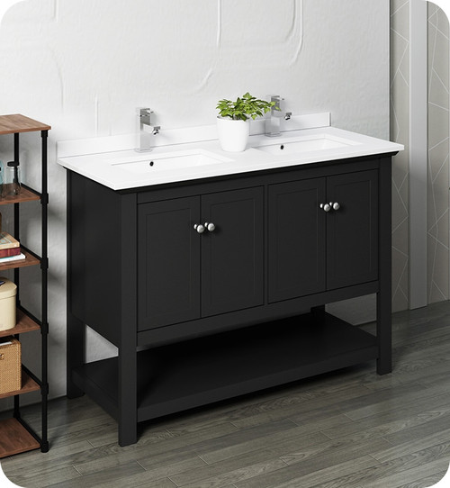 Fresca FCB2348BL-D-CWH-U Manchester 48" Black Traditional Double Sink Bathroom Cabinet w/ Top & Sinks