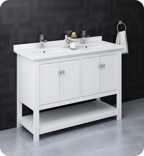 Fresca FCB2348WH-D-CWH-U Manchester 48" White Traditional Double Sink Bathroom Cabinet w/ Top & Sinks Fresca FCB2348WH-D-CWH-U Manchester 48" White Traditional Double Sink Bathroom Cabinet w/ Top & Sinks