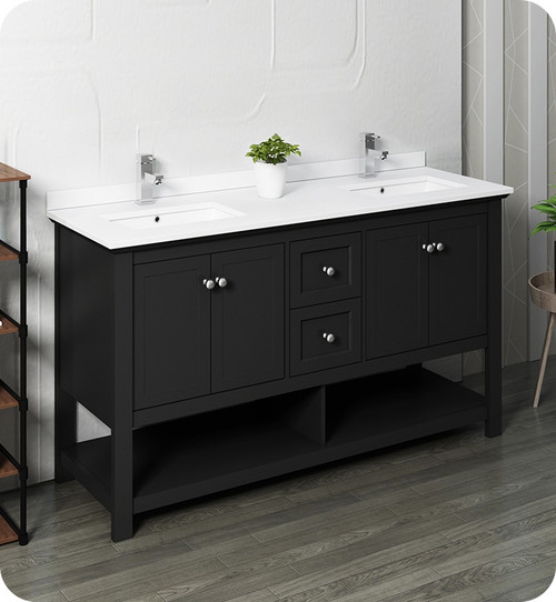 Fresca FCB2360BL-D-CWH-U Manchester 60" Black Traditional Double Sink Bathroom Cabinet w/ Top & Sinks Fresca FCB2360BL-D-CWH-U Manchester 60" Black Traditional Double Sink Bathroom Cabinet w/ Top & Sinks