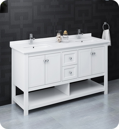 Fresca FCB2360WH-D-CWH-U Manchester 60" White Traditional Double Sink Bathroom Cabinet w/ Top & Sinks Fresca FCB2360WH-D-CWH-U Manchester 60" White Traditional Double Sink Bathroom Cabinet w/ Top & Sinks