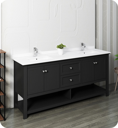 Fresca FCB2372BL-D-CWH-U Manchester 72" Black Traditional Double Sink Bathroom Cabinet w/ Top & Sinks Fresca FCB2372BL-D-CWH-U Manchester 72" Black Traditional Double Sink Bathroom Cabinet w/ Top & Sinks