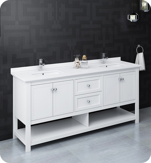 Fresca FCB2372WH-D-CWH-U Manchester 72" White Traditional Double Sink Bathroom Cabinet w/ Top & Sinks