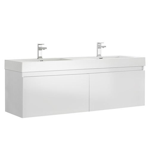 Fresca FCB8042WH-I Mezzo 60" White Wall Hung Double Sink Modern Bathroom Cabinet w/ Integrated Sink