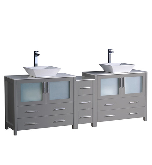 Fresca FCB62-361236GR-CWH-V Torino 84" Gray Modern Double Sink Bathroom Cabinets w/ Tops & Vessel Sinks