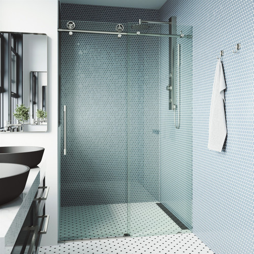 Vigo VG6044STCL6476 Elan Cass Aerodynamic 64 In. X 76 In. Frameless Sliding Glass Shower Door In Stainless Steel