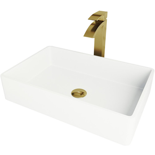 Vigo Magnolia Matte Stone Bathroom Vessel Sink And Duris Vessel Faucet In Matte Brushed Gold With Pop-Up Drain - 13 7/8 inch