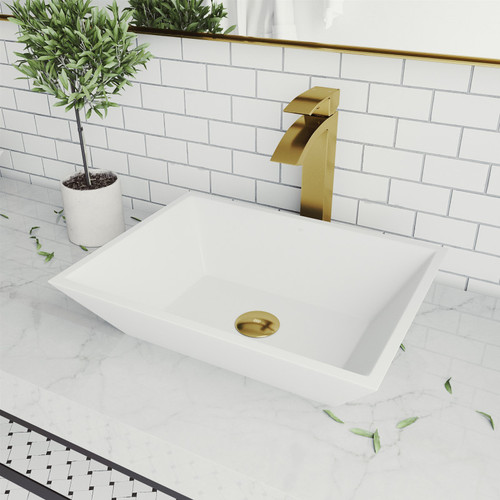 Vigo VGT1461 Vinca Matte Stone Bathroom Vessel Sink And Duris Vessel Faucet In Matte Brushed Gold With Pop-Up Drain