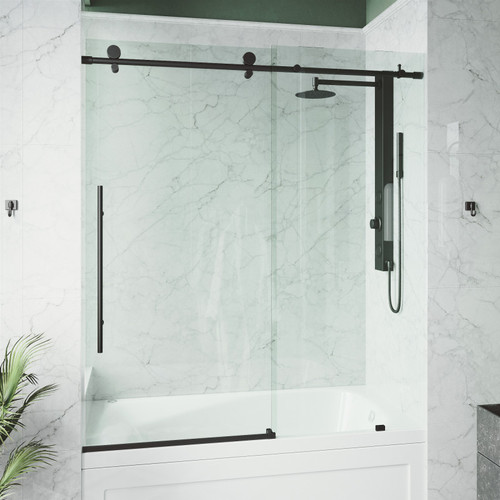 Vigo Elan E-Class 60 In. x 66 In. Frameless Sliding Bathtub Sliding Shower Door In Matte Black With Clear Glass
