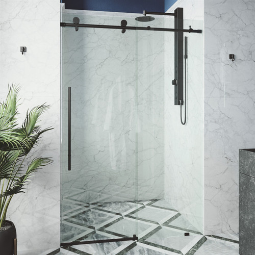 Vigo Elan E-Class 60 In. x 76 In. Frameless Sliding Shower Door In Matte Black With Clear Glass