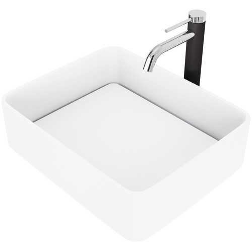 Vigo VGT1423 Jasmine Matte Stone Vessel Bathroom Sink And Lexington Cfiber© Vessel Faucet Set In Chrome With Pop-Up Drain - 18.13 inch