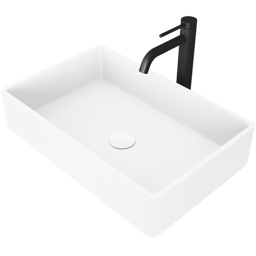 Vigo VGT1450 Magnolia Matte Stone Vessel Bathroom Sink And Lexington Cfiber© Vessel Bathroom Faucet In Matte Black With Matte White Pop-Up Drain