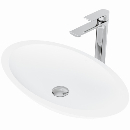 Vigo Wisteria Matte Stone Vessel Bathroom Sink With Norfolk Faucet In A Chrome Finish, Pop-Up Drain Included - 13 1/2 inch