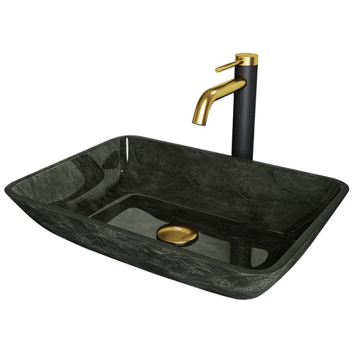 Vigo Rectangular Gray Onyx Glass Vessel Bathroom Sink And Lexington Cfiber© Faucet In Matte Brushed Gold And Matte Black - 17 7/8 inch