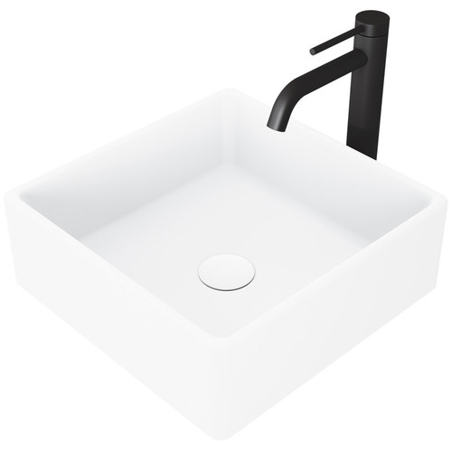 Vigo VGT1453 Dianthus Matte Stone Vessel Bathroom Sink And Lexington Cfiber© Vessel Bathroom Faucet In Matte Black With Matte White Pop-Up Drain