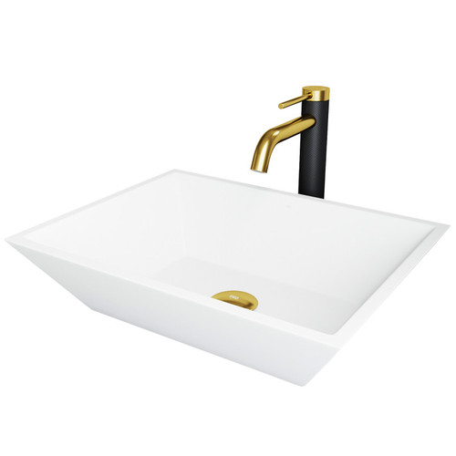 Vigo Vinca Matte Stone Vessel Bathroom Sink And Lexington Cfiber© Faucet In Matte Brushed Gold And Matte Black - 13 3/4 inch