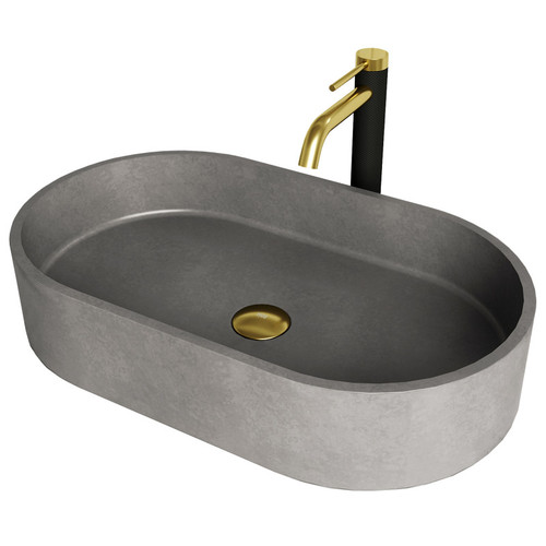 Vigo VGT2027 Concreto Stone Oval Vessel Bathroom Sink With Lexington Bathroom Faucet And Pop-Up Drain In Matte Brushed Gold - 13 3/4 inch