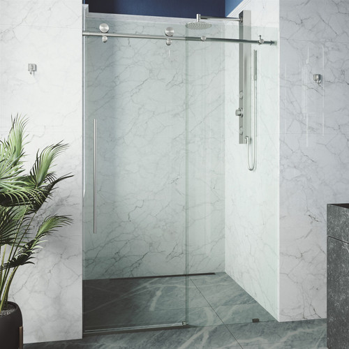 Vigo VG6021STCL7276 Elan E-Class 72 In. X 76 In. Frameless Sliding Shower Door In Stainless Steel With Clear Glass