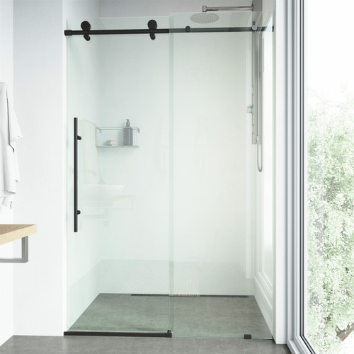 Vigo Elan E-Class 64 In. x 76 In. Frameless Sliding Shower Door In Matte Black With Clear Glass