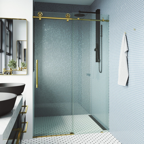 Vigo Elan Cass Aerodynamic 48 In. x 76 In. Frameless Sliding Shower Door In Matte Brushed Gold