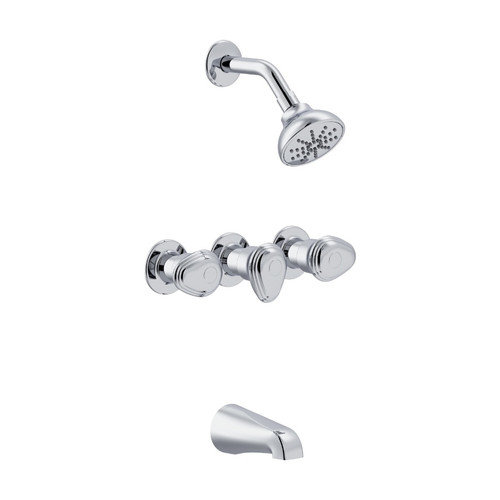 Gerber G0058500 Hardwater Three Handle Threaded Escutcheon Tub & Shower Fitting with IPS/Sweat Connections & Threaded Spout 1.75gpm - Chrome