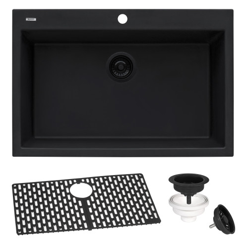 Ruvati 27 x 20 inch Drop-in Topmount Granite Composite Single Bowl Kitchen Sink - Midnight Black - RVG1027BK