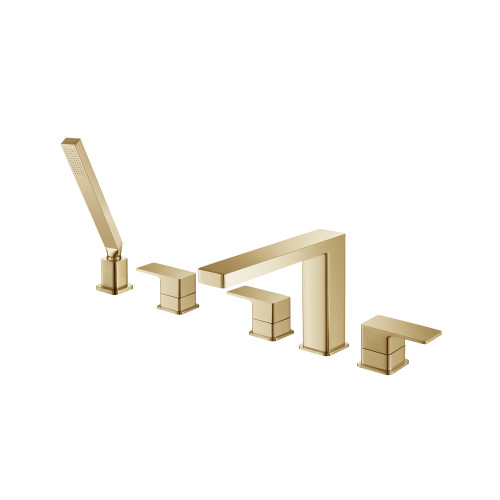 Flusso Five Hole Deck Mounted Roman Tub Faucet With Hand Shower - Satin Brass - 196.2420SB