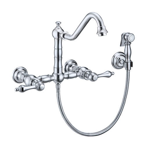 Whitehaus  WHKWLV3-9402-NT-C Vintage III Plus Wall Mount Faucet with a Long Traditional Swivel Spout, Lever Handles and Solid Brass Side Spray - Polished Chrome