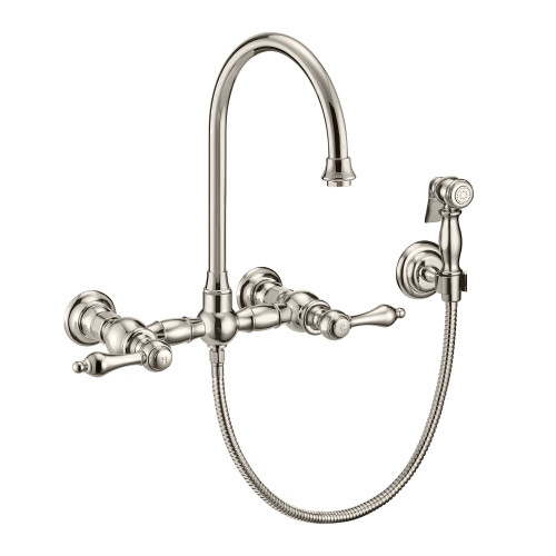 Whitehaus WHKWLV3-9301-NT-PN Vintage III Plus Wall Mount Faucet with a Long Gooseneck Swivel Spout, Lever Handles and Solid Brass Side Spray - Polished Nickel