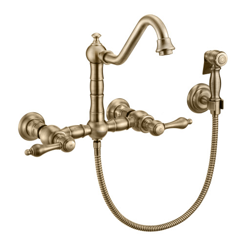 Whitehaus WHKWLV3-9402-NT-AB Vintage III Plus Wall Mount Faucet with a Long Traditional Swivel Spout, Lever Handles and Solid Brass Side Spray - Antique Brass