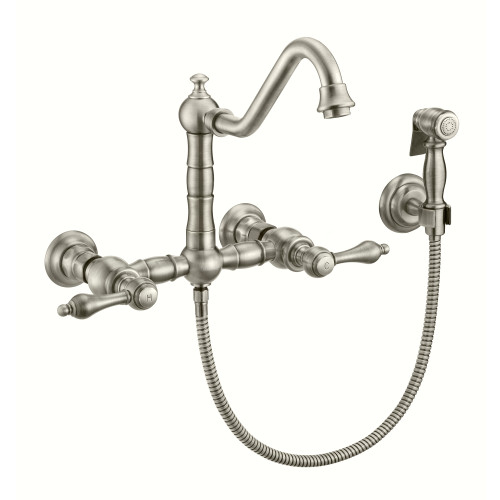 Whitehaus  WHKWLV3-9402-NT-BN Vintage III Plus Wall Mount Faucet with a Long Traditional Swivel Spout, Lever Handles and Solid Brass Side Spray - Brushed Nickel