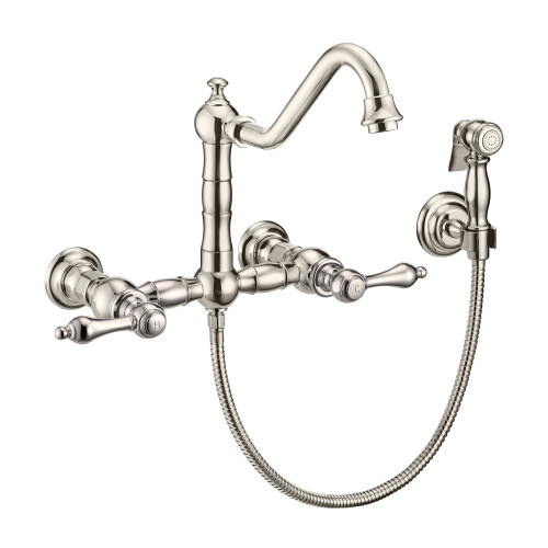 Whitehaus WHKWLV3-9402-NT-PN Vintage III Plus Wall Mount Faucet with a Long Traditional Swivel Spout, Lever Handles and Solid Brass Side Spray - Polished Nickel